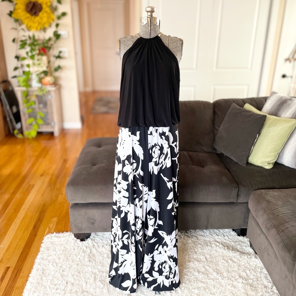 Prelude black & white jumpsuit, wide leg stretchy